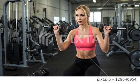 sporty woman exercising with barbell in gym 128640954