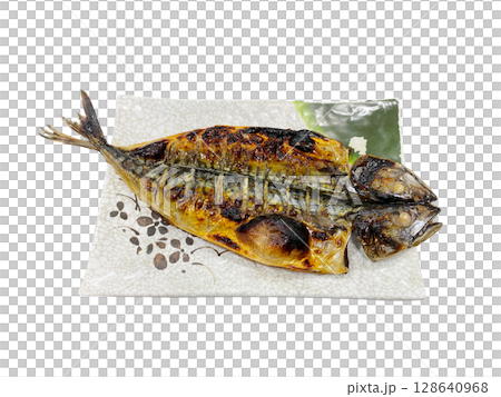 Grilled Mackerel Fish Served on a Traditional Ceramic Plate with Crispy Skin and Charred Marks Perfect for Korean Cuisine Meal Grilled Mackerel Fish Served on a Traditional Ceramic Plate with Crispy Skin and Charred Marks Perfect for Korean Cuisine Meal 128640968