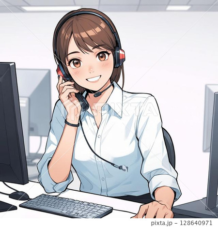 電話を取りながら対応する女性コールセンター職員のイラスト 電話を取りながら対応する女性コールセンター職員のイラスト 128640971