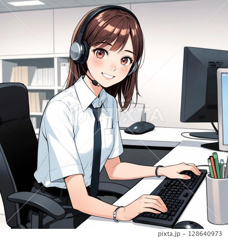 明るい笑顔でパソコン操作をする女性オペレーターのイラスト 明るい笑顔でパソコン操作をする女性オペレーターのイラスト 128640973