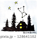 夜の山小屋の灯りと夜空に輝くオリオン座 128641102
