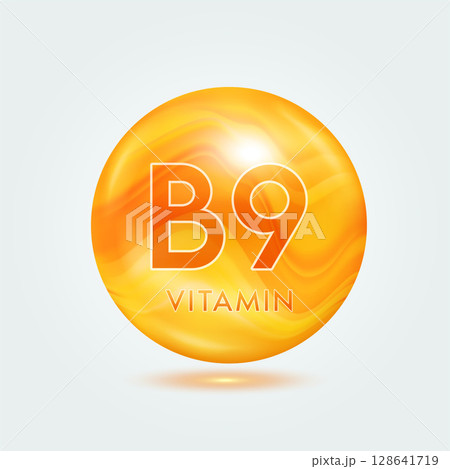 Vitamin B9 ball orange golden. Beauty nutrition skincare. Vitamins complex isolated on gray background. For product design. Medical and scientific concepts. Icon 3D Vector EPS10. 128641719