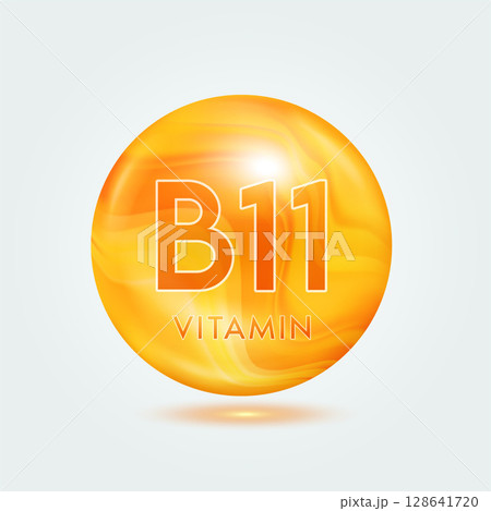 Vitamin B11 ball orange golden. Beauty nutrition skincare. Vitamins complex isolated on gray background. For product design. Medical and scientific concepts. Icon 3D Vector EPS10. 128641720