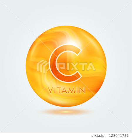Vitamin C ball orange golden. Beauty nutrition skincare. Vitamins complex isolated on gray background. For product design. Medical and scientific concepts. Icon 3D Vector EPS10. 128641721