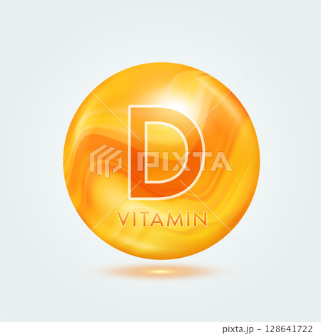 Vitamin D ball orange golden. Beauty nutrition skincare. Vitamins complex isolated on gray background. For product design. Medical and scientific concepts. Icon 3D Vector EPS10. 128641722