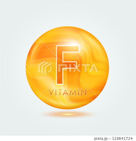 Vitamin F ball orange golden. Beauty nutrition skincare. Vitamins complex isolated on gray background. For product design. Medical and scientific concepts. Icon 3D Vector EPS10. Vitamin F ball orange golden. Beauty nutrition skincare. Vitamins complex isolated on gray background. For product design. Medical and scientific concepts. Icon 3D Vector EPS10. 128641724