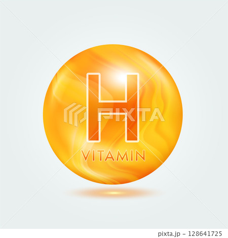 Vitamin H ball orange golden. Beauty nutrition skincare. Vitamins complex isolated on gray background. For product design. Medical and scientific concepts. Icon 3D Vector EPS10. 128641725