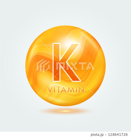 Vitamin K ball orange golden. Beauty nutrition skincare. Vitamins complex isolated on gray background. For product design. Medical and scientific concepts. Icon 3D Vector EPS10. 128641726