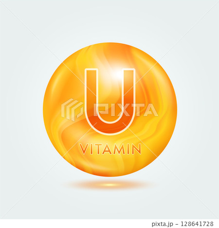 Vitamin U ball orange golden. Beauty nutrition skincare. Vitamins complex isolated on gray background. For product design. Medical and scientific concepts. Icon 3D Vector EPS10. Vitamin U ball orange golden. Beauty nutrition skincare. Vitamins complex isolated on gray background. For product design. Medical and scientific concepts. Icon 3D Vector EPS10. 128641728