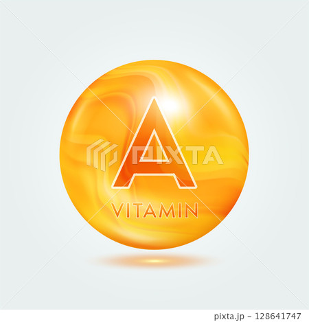 Vitamin A ball orange golden. Beauty nutrition skincare. Vitamins complex isolated on gray background. For product design. Medical and scientific concepts. Icon 3D Vector EPS10. Vitamin A ball orange golden. Beauty nutrition skincare. Vitamins complex isolated on gray background. For product design. Medical and scientific concepts. Icon 3D Vector EPS10. 128641747