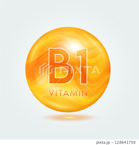 Vitamin B1 ball orange golden. Beauty nutrition skincare. Vitamins complex isolated on gray background. For product design. Medical and scientific concepts. Icon 3D Vector EPS10. 128641750