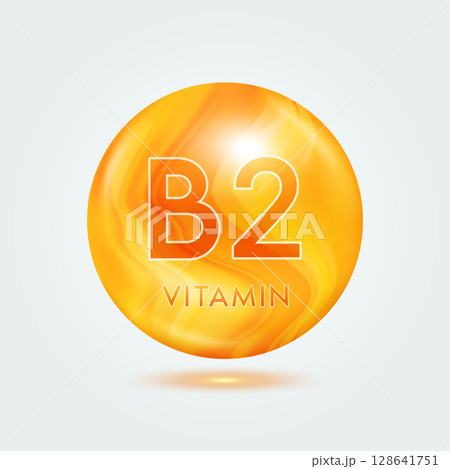 Vitamin B2 ball orange golden. Beauty nutrition skincare. Vitamins complex isolated on gray background. For product design. Medical and scientific concepts. Icon 3D Vector EPS10. 128641751