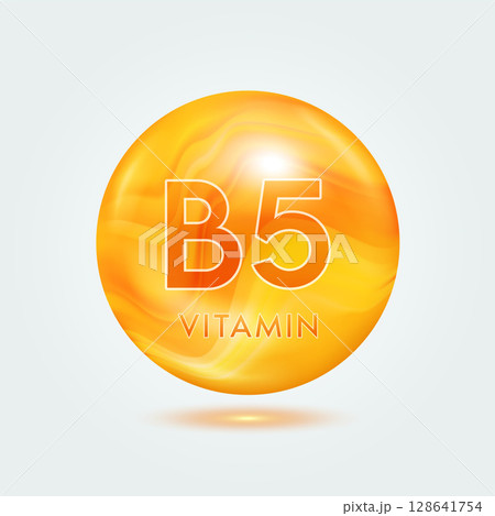Vitamin B5 ball orange golden. Beauty nutrition skincare. Vitamins complex isolated on gray background. For product design. Medical and scientific concepts. Icon 3D Vector EPS10. Vitamin B5 ball orange golden. Beauty nutrition skincare. Vitamins complex isolated on gray background. For product design. Medical and scientific concepts. Icon 3D Vector EPS10. 128641754