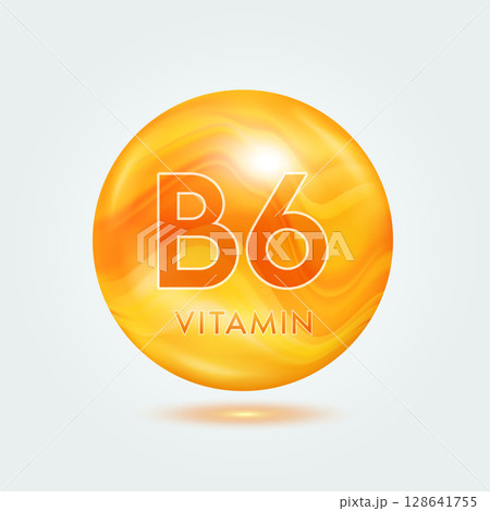Vitamin B6 ball orange golden. Beauty nutrition skincare. Vitamins complex isolated on gray background. For product design. Medical and scientific concepts. Icon 3D Vector EPS10. 128641755