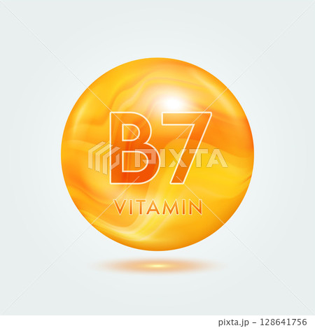 Vitamin B7 ball orange golden. Beauty nutrition skincare. Vitamins complex isolated on gray background. For product design. Medical and scientific concepts. Icon 3D Vector EPS10. 128641756