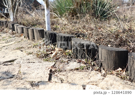 Wooden log edging delicately lines a pathway set amidst a stunning natural landscape Wooden log edging delicately lines a pathway set amidst a stunning natural landscape 128641890