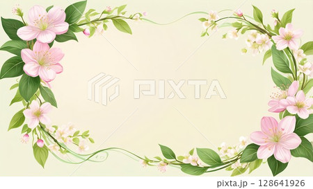 桜×若葉のボタニカル囲み枠｜透明感のある水彩スタイル 128641926