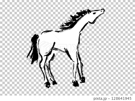New Year's card design: Hand-drawn Japanese-style brush illustration of a horse 128641945