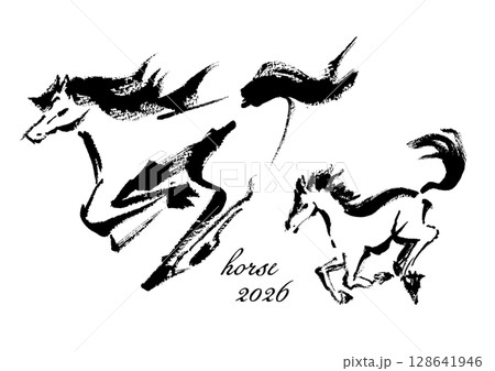 年賀状 デザイン用 走る馬の手書き和風筆イラストのイラスト素材