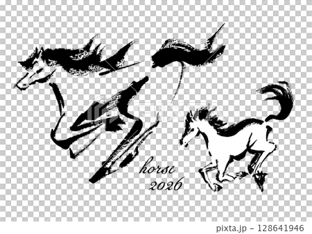 年賀状 デザイン用　走る馬の手書き和風筆イラスト 128641946