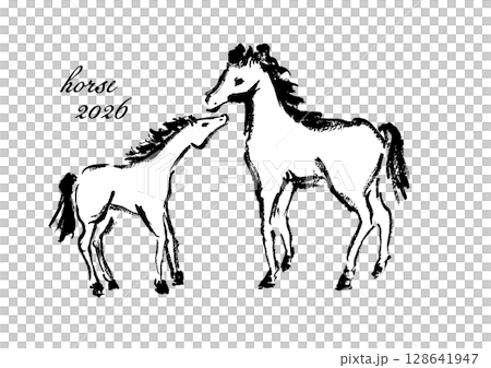 New Year's card design: Hand-drawn Japanese-style brush illustration of a mother and child horse 128641947
