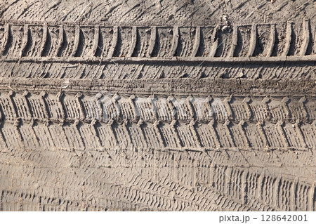 The Intricate Details of Tire Tread Patterns Imprinted on Various Ground Surfaces 128642001