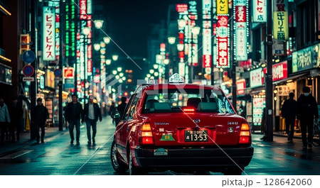 夜の繁華街を通るタクシー 128642060