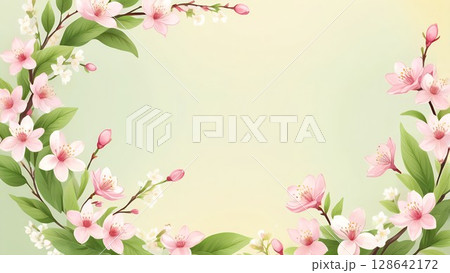 水彩の春フレーム｜桜の葉と花の装飾デザイン 128642172