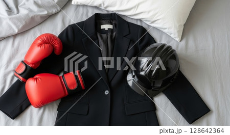 Black Blazer with Red Boxing Gloves and Hard Hat on Bed Workplace Concept 128642364