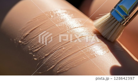 Macro Close Up of Paintbrush Applying Gloss on Smooth Skin Surface with Water Droplets 128642397