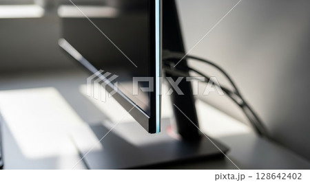Minimalist Computer Monitor Close Up with Blurred Background and Cables 128642402