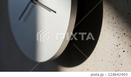 Minimalist Wall Clock with Metallic Border on Textured Background Close Up Minimalist Wall Clock with Metallic Border on Textured Background Close Up 128642403