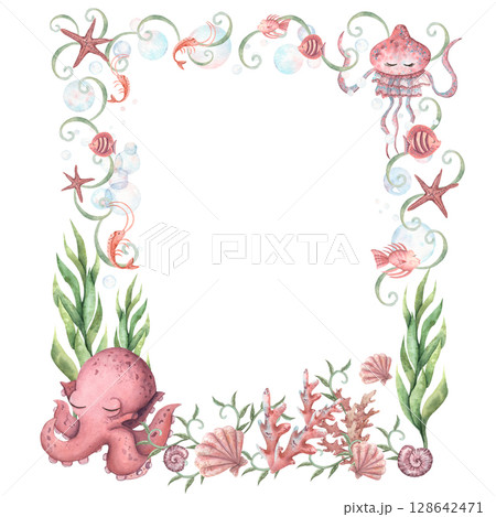 Watercolor wreath, frame of pink shells, seaweed, coral, starfish, octopus, jellyfish, shrimp. Sea life 128642471