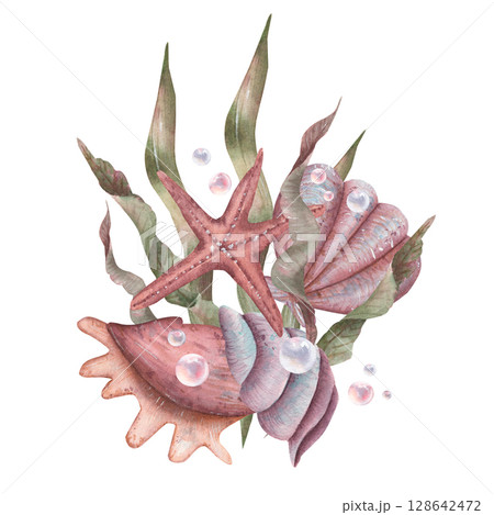 Watercolor kids hand draw set of sea life. Children's illustration with shells, pearl . Hand draw reef for child. Watercolor kids hand draw set of sea life. Children's illustration with shells, pearl . Hand draw reef for child. 128642472