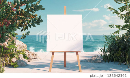 blank white canvas on easel set outdoors on the beach 128642561