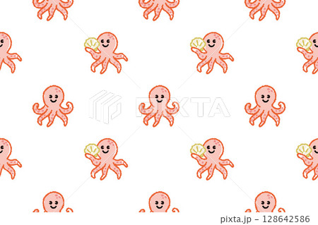 クレヨンで描いたかわいいタコのベクターシームレスパターン 128642586