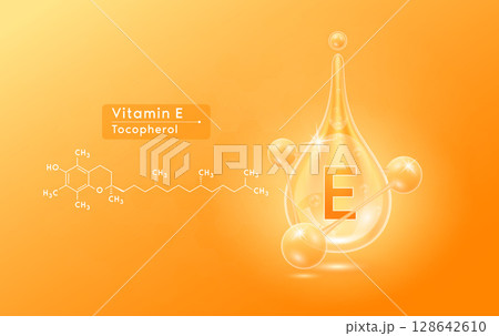 Serum skincare transparent water drops vitamin E orange and structure. Moisturizer collagen with molecule glittering and bubbles hyaluronic acid. For ad for beauty cosmetics. Realistic 3d vector. Serum skincare transparent water drops vitamin E orange and structure. Moisturizer collagen with molecule glittering and bubbles hyaluronic acid. For ad for beauty cosmetics. Realistic 3d vector. 128642610