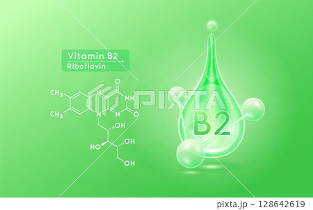 Serum skincare transparent water drops vitamin B2 green and structure. Moisturizer collagen with molecule glittering and bubbles hyaluronic acid. For ad for beauty cosmetics. Realistic 3d vector. 128642619