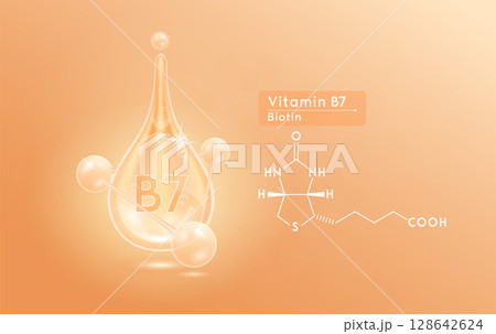 Serum skincare transparent water drops vitamin B7 orange and structure. Moisturizer collagen with molecule glittering and bubbles hyaluronic acid. For ad for beauty cosmetics. Realistic 3d vector. 128642624