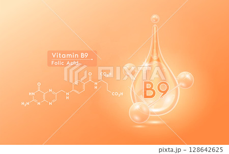 Serum skincare transparent water drops vitamin B9 orange and structure. Moisturizer collagen with molecule glittering and bubbles hyaluronic acid. For ad for beauty cosmetics. Realistic 3d vector. 128642625