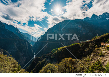 Sunlit mountain walkway overlooking deep gorge in Balagezong, Shangri-La, China Sunlit mountain walkway overlooking deep gorge in Balagezong, Shangri-La, China 128642793