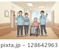 笑顔で手を振る介護チームと車椅子の高齢者 128642963