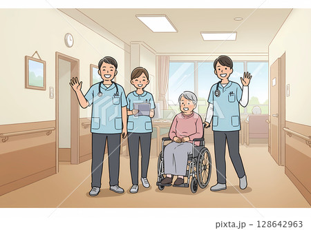 笑顔で手を振る介護チームと車椅子の高齢者 128642963