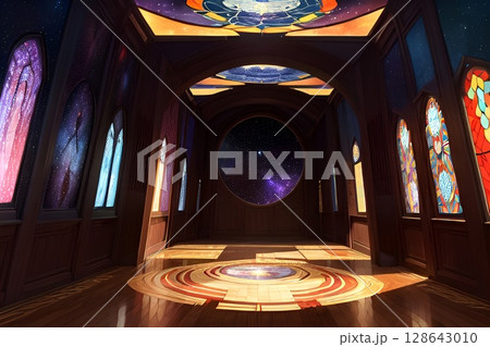 ゲーム背景　黒背景のステンドグラスダンジョン回廊 128643010