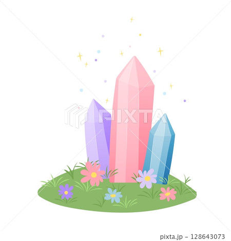 Hill with three colorful crystals and flowers Hill with three colorful crystals and flowers 128643073
