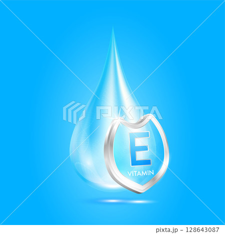 Drop vitamin E blue and glass shield transparent reflection shining. Protection the body stay healthy. For skincare cosmetics, nutrition products food. Medical concepts. 3D vector. Drop vitamin E blue and glass shield transparent reflection shining. Protection the body stay healthy. For skincare cosmetics, nutrition products food. Medical concepts. 3D vector. 128643087