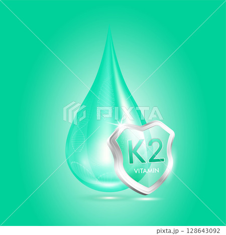 Drop vitamin K2 green and glass shield transparent reflection shining. Protection the body stay healthy. For skincare cosmetics, nutrition products food. Medical concepts. 3D vector. Drop vitamin K2 green and glass shield transparent reflection shining. Protection the body stay healthy. For skincare cosmetics, nutrition products food. Medical concepts. 3D vector. 128643092