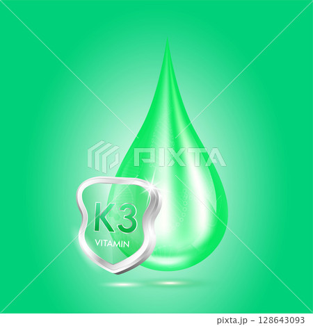 Drop vitamin K3 green and glass shield transparent reflection shining. Protection the body stay healthy. For skincare cosmetics, nutrition products food. Medical concepts. 3D vector. Drop vitamin K3 green and glass shield transparent reflection shining. Protection the body stay healthy. For skincare cosmetics, nutrition products food. Medical concepts. 3D vector. 128643093
