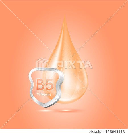 Drop vitamin B5 orange and glass shield transparent reflection shining. Protection the body stay healthy. For skincare cosmetics, nutrition products food. Medical concepts. 3D vector. 128643118