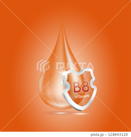 Drop vitamin B8 orange and glass shield transparent reflection shining. Protection the body stay healthy. For skincare cosmetics, nutrition products food. Medical concepts. 3D vector. 128643120